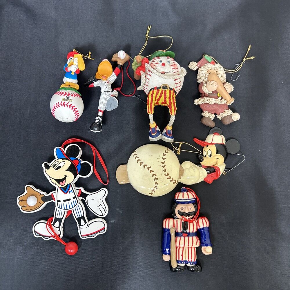 Lot Of 7 Unique Baseball Themed Christmas Ornaments Mickey Adler Clay Wood FS